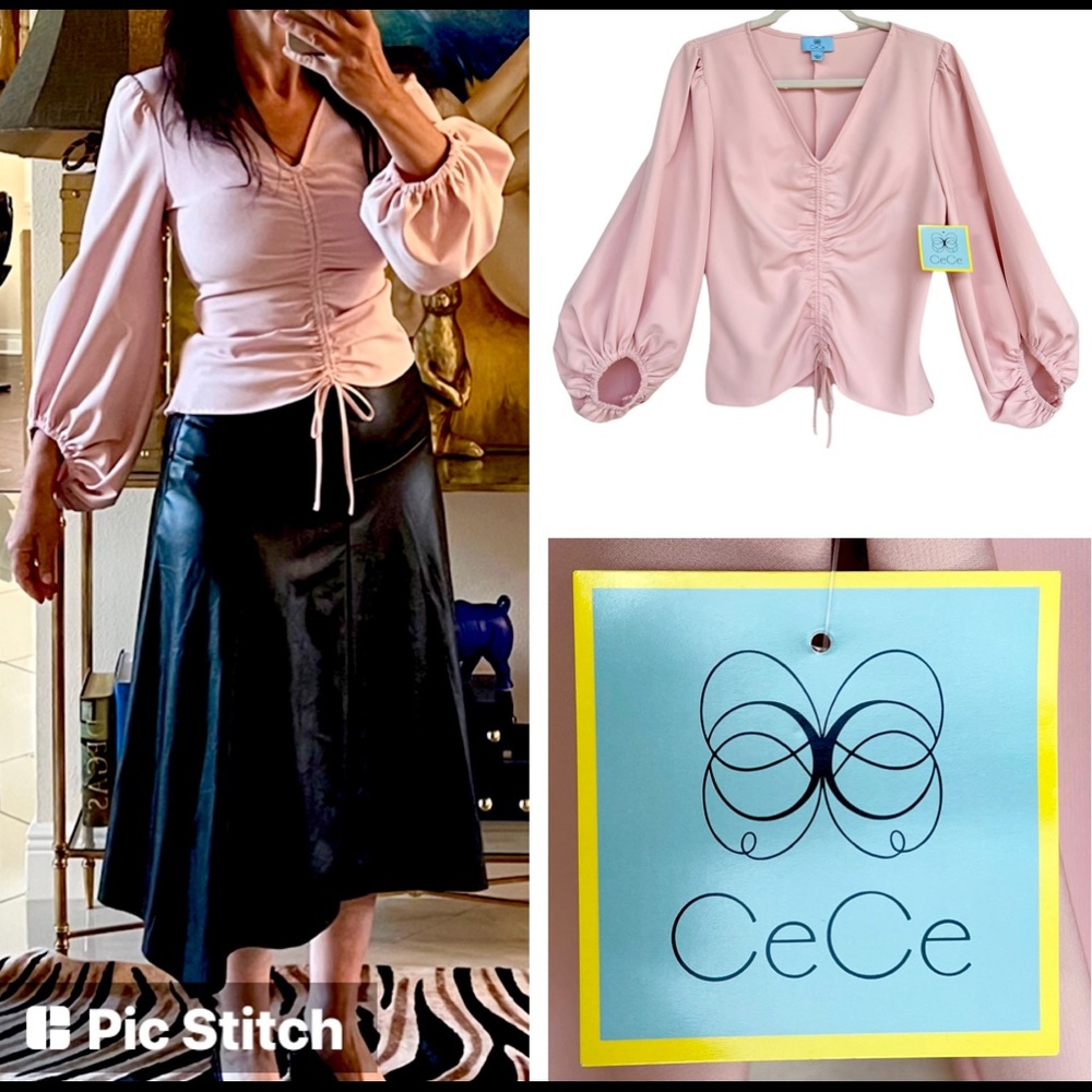 CECE balloon long sleeve fitted top pink size L